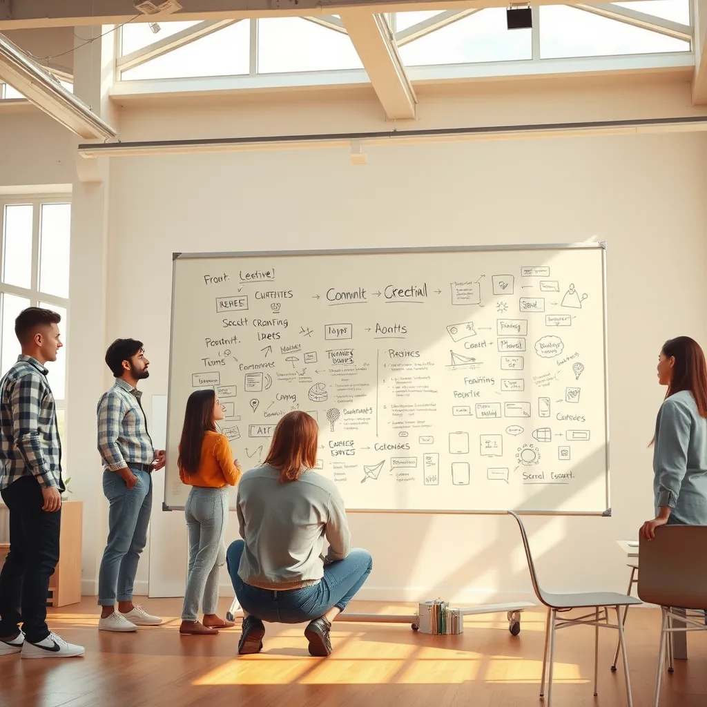 A cinematic image showcasing a creative team brainstorming ideas around a large whiteboard filled with sketches, text, and visuals. The scene is set in a spacious, airy studio with natural light streaming through large windows. The image captures the collaborative and creative process of content marketing, emphasizing the diverse perspectives and innovative ideas generated by the team. The color palette should be warm and inviting, reflecting the authenticity and passion of content creation. The image should be rendered in 8K resolution, with a cinematic style and dynamic composition, featuring a shallow depth of field that focuses on the team's interaction with the whiteboard. The overall mood should be inspiring and energetic, reflecting the power of compelling content to engage and inspire audiences.