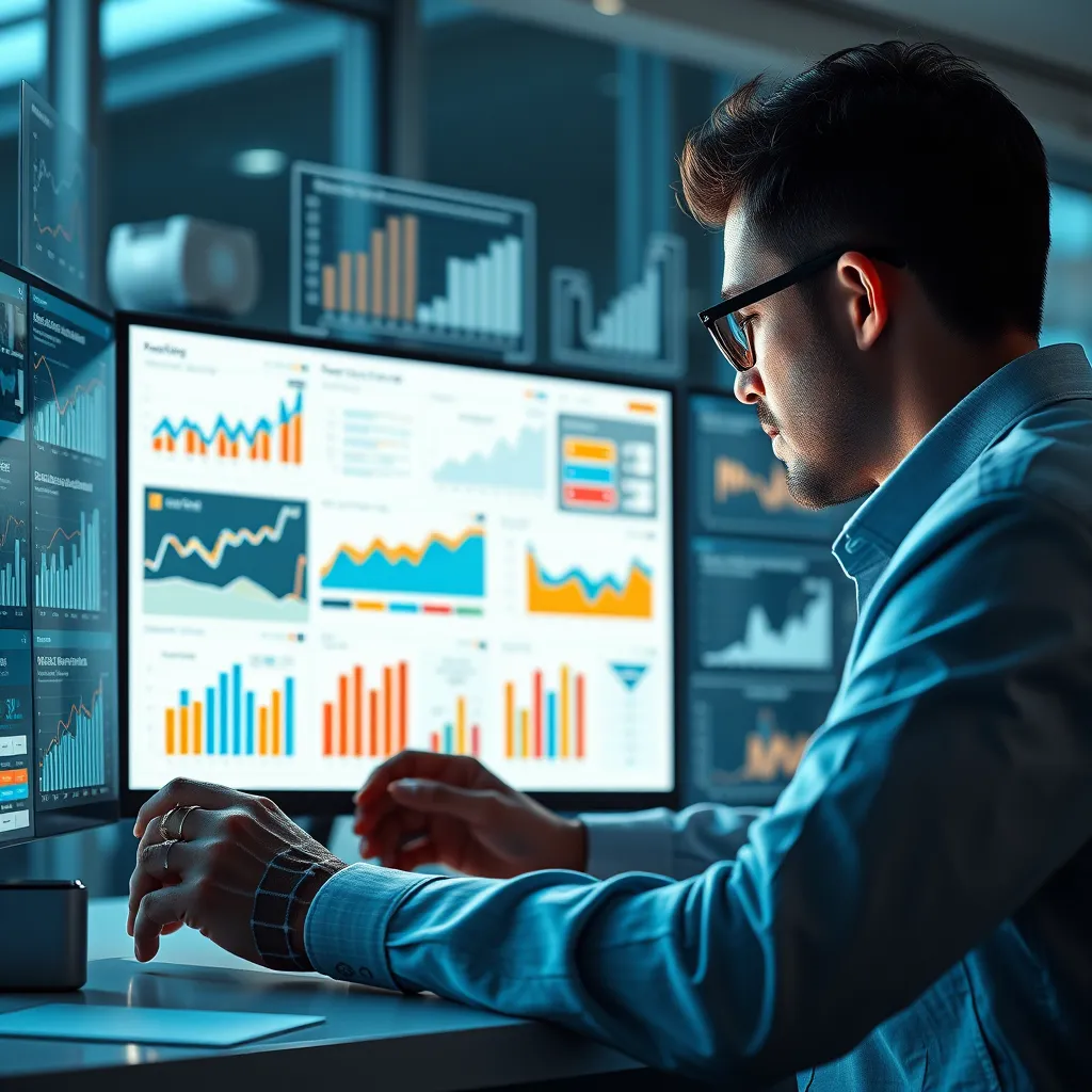 A digital marketer researching data on a computer screen, surrounded by graphs and charts representing demographics, interests, and online behavior. The scene is bright and modern, conveying a sense of data-driven decision making.