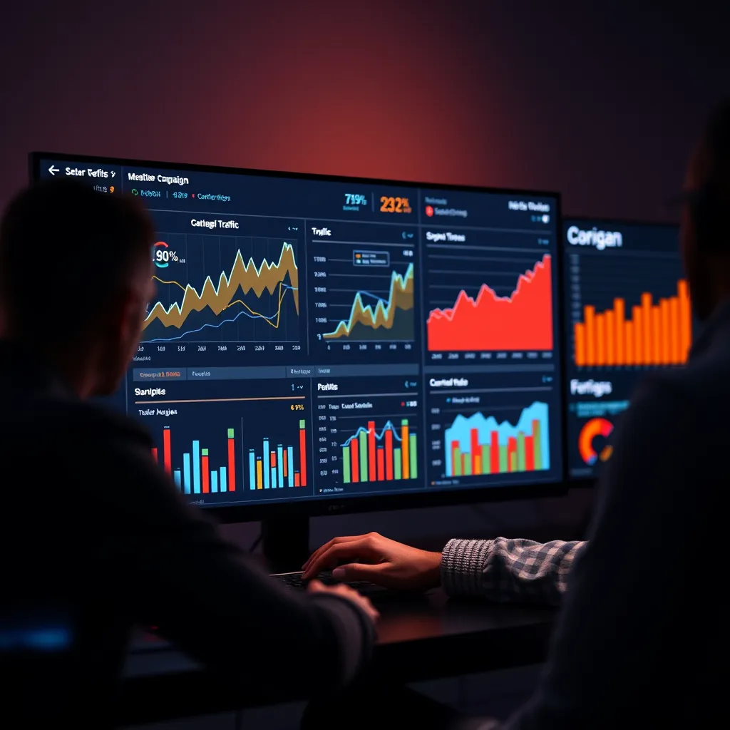  A digital marketer using a dashboard to monitor and analyze real-time data from their marketing campaigns. Charts and graphs are displayed, highlighting key metrics like website traffic, engagement, and conversion rates.