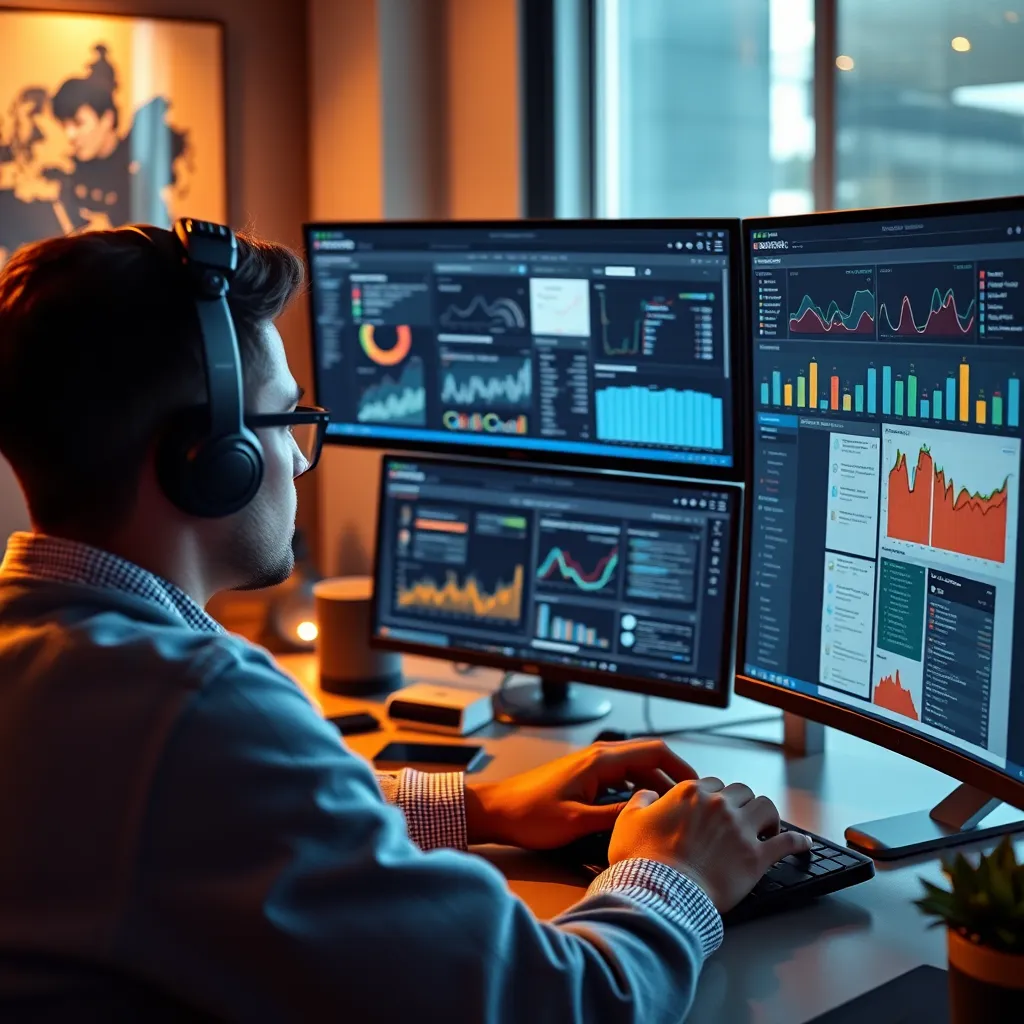  A digital marketer working on a computer with multiple screens displaying different digital marketing platforms, like social media dashboards, website analytics, and email marketing software.