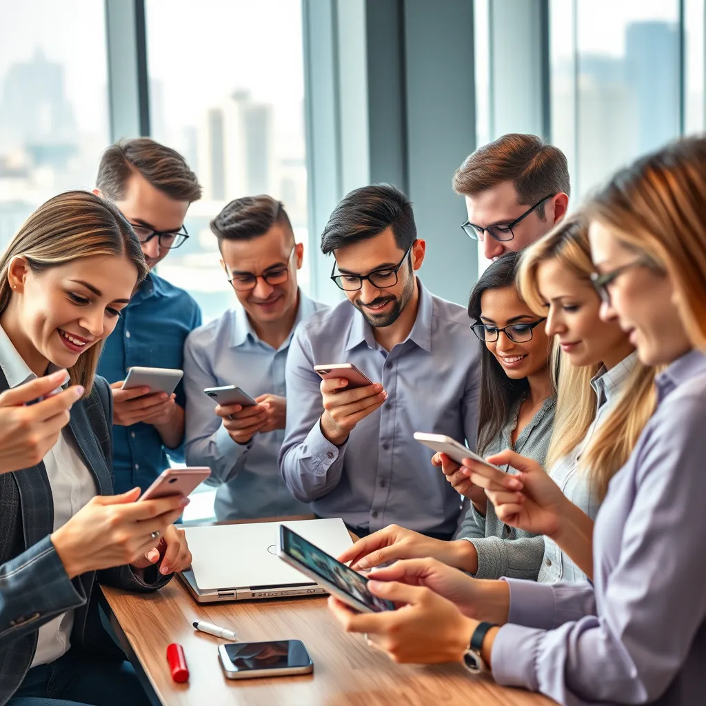 A diverse group of people of different ages, genders, and ethnicities interacting with various digital devices like smartphones, laptops, and tablets. They are all looking at screens, browsing websites, watching videos, and engaging with social media. The background should be a modern office setting with a cityscape view outside the windows.