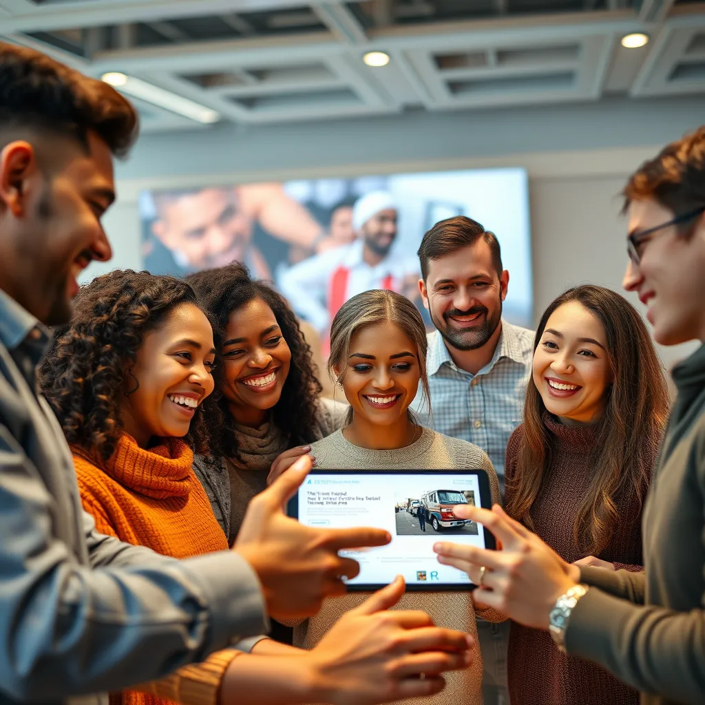  A diverse group of people of different ages and backgrounds interacting with a digital marketing campaign. They are smiling and engaged, demonstrating their interest in the campaign.