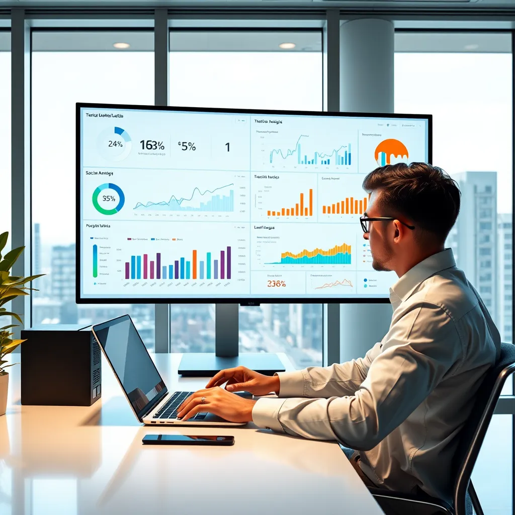 A person sitting at a desk with a laptop, analyzing data on a large screen. The screen shows charts, graphs, and dashboards that highlight key digital marketing metrics like website traffic, social media engagement, and conversion rates. The background should be a brightly lit modern office with a window overlooking a cityscape.