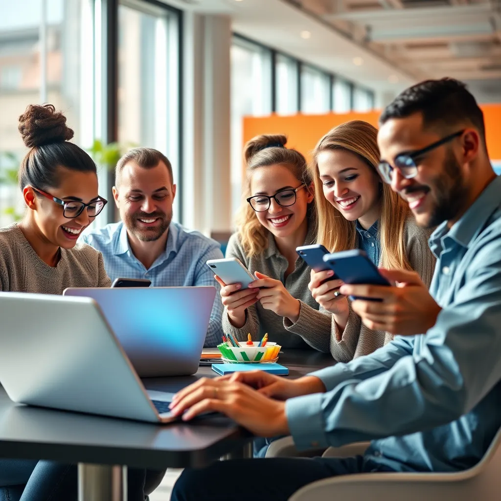 A photorealistic image of a team of diverse individuals working on laptops and smartphones in a modern, bright office space. The scene is filled with positive energy and collaboration. Soft, natural lighting illuminates the room, highlighting the vibrant colors of the office decor. The image captures the excitement and innovation of social media marketing, with a focus on the team's collaborative efforts and the use of technology. The image should be rendered in 8K resolution, with ultra-detailed textures and realistic lighting effects. The overall mood should be energetic and optimistic, reflecting the power of social media to connect with audiences and build brands.